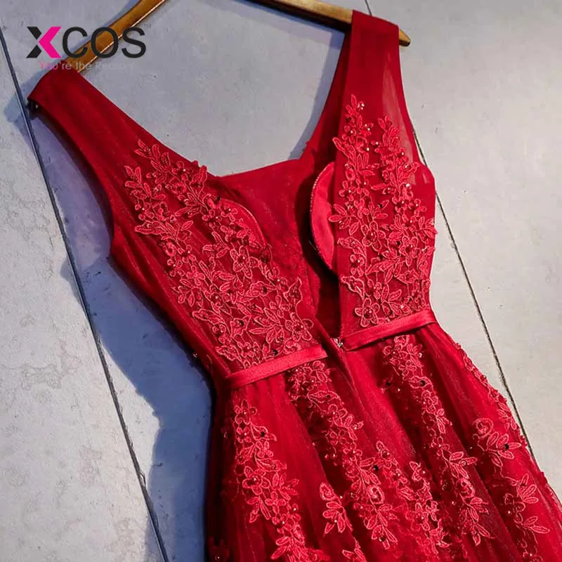 XCOS vestido de festa V образным вырезом красное винтажное кружево с аппликацией и бисером