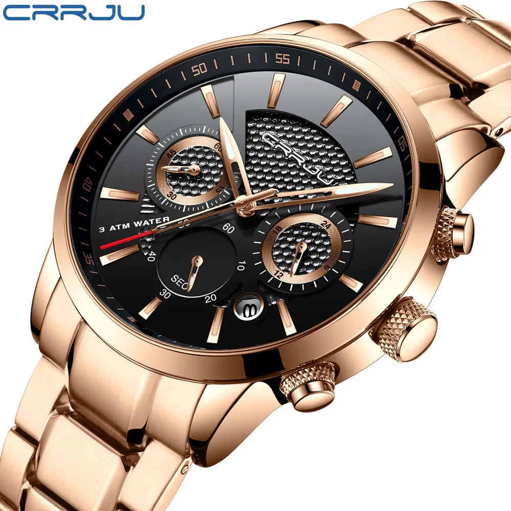 

CRRJU Original Luxury Brand Stainless Steel Quartz Watch Men Calendar Clock Sports Military WristWatch Rose Relogio Masculino