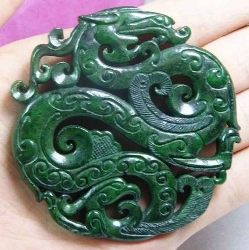Ручная работа огромный резной зеленый Нефритовый дракон кулон|Статуи и