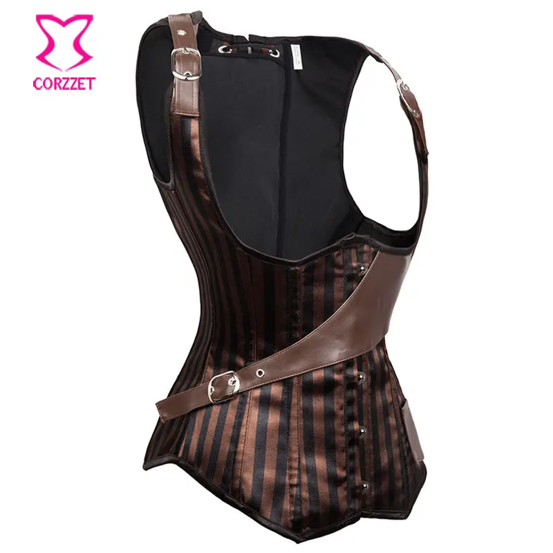 Корсетный корсет под грудью винтажный Коричневый из парчи в полоску со стальными