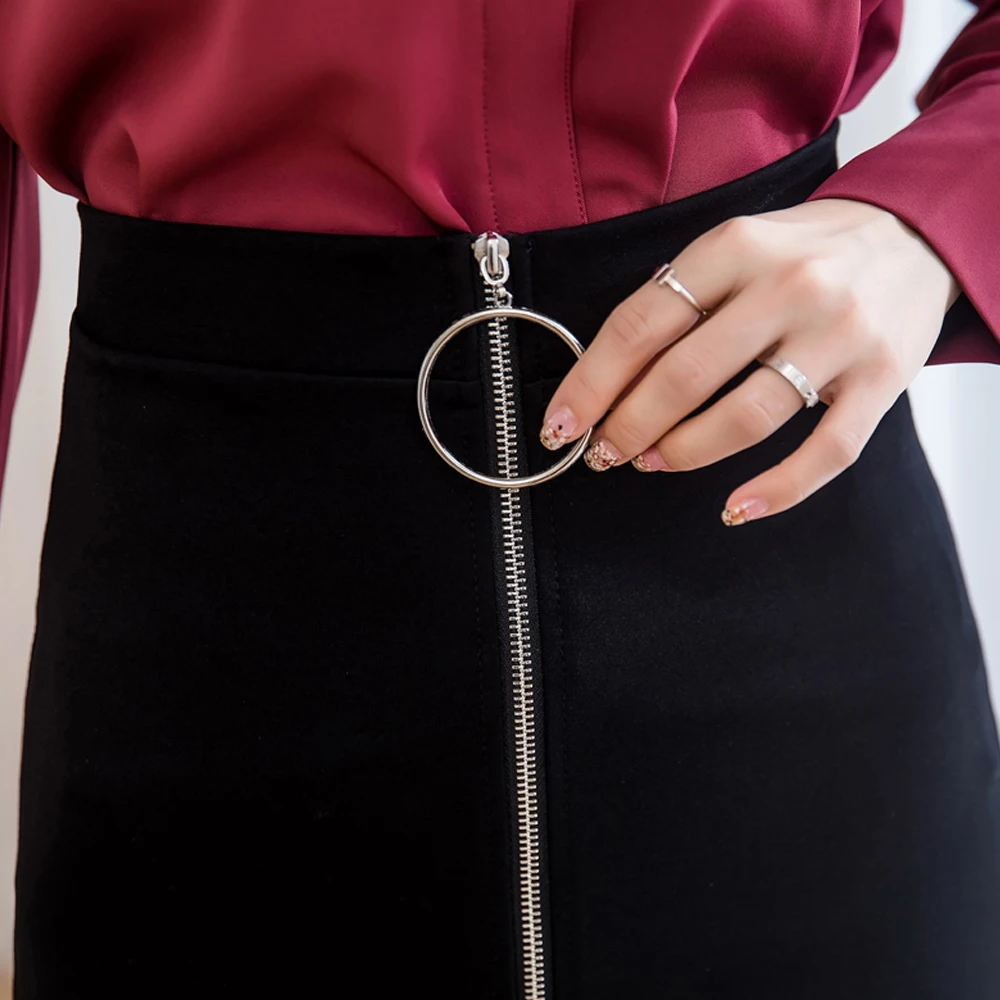 

Metal Ring Zipper A-line Skirts For Women High Waist Slim Midi Skirt Plus Size Stretch Casual Skirts Womens Office Black Skirt