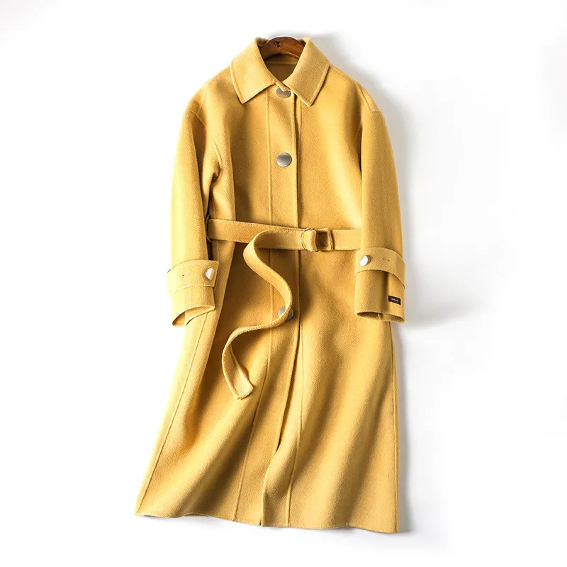 Женское длинное кашемировое пальто двустороннее шерстяное с поясом модель R426 на