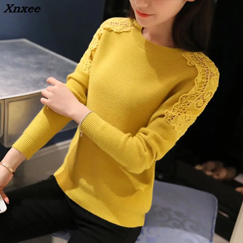 

2018 new winter dress Korean all-match loose solid shoulder lace stitching raglan sleeve sweater Xnxee