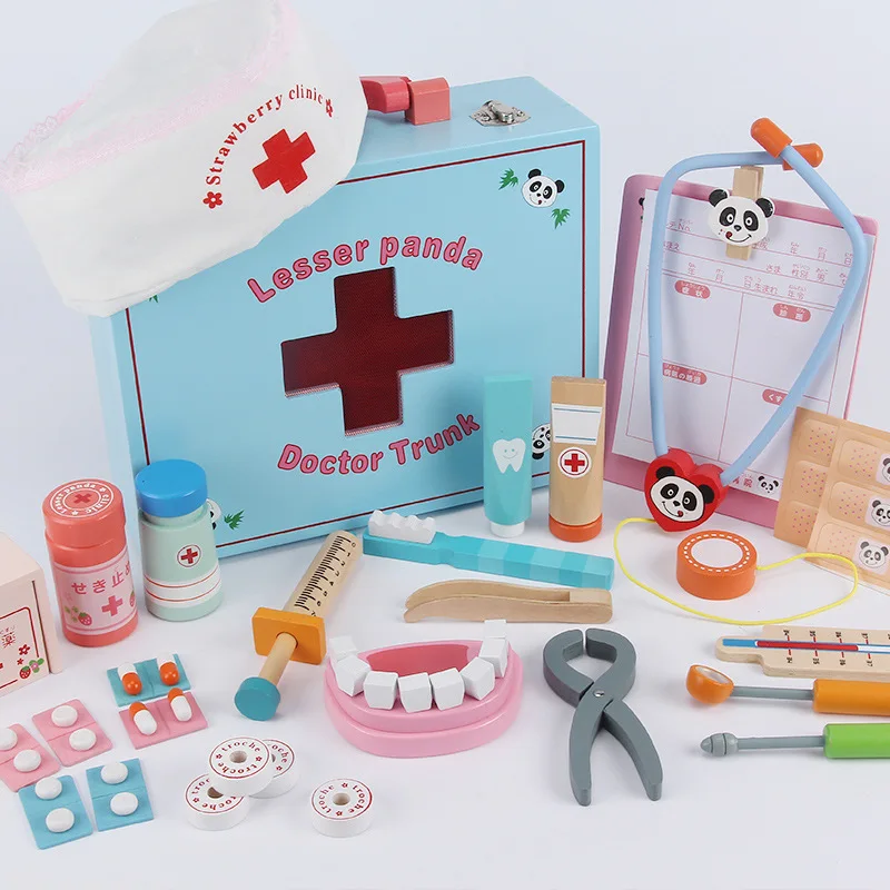 

Children's Wooden Doctor Toy Set Small Nurse Injection Tool Wooden Simulated dentist Medical Box