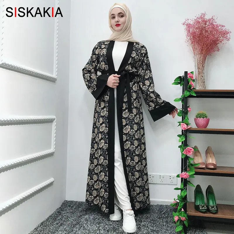 Женское кимоно с цветочным принтом Siskakia черное узким поясом модные аравийские