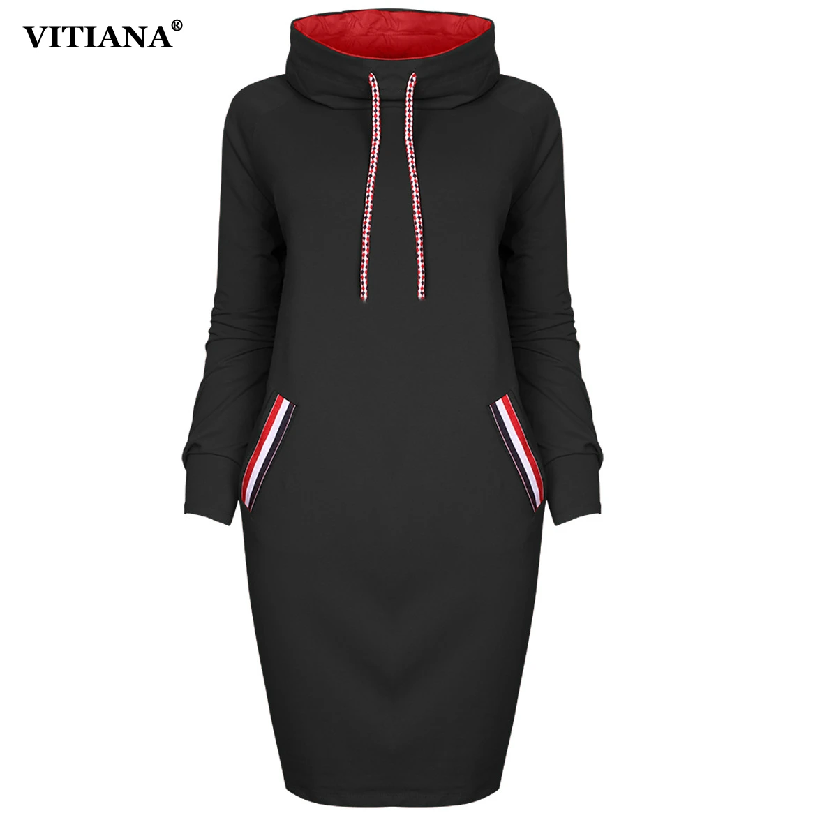 VITIANA Women Autumn Winter Long sleeve Dress Black Red Pullovers Hoodie Dresses Female Elegant Knee length Thin Clothes|sleeve dress|long dressdress