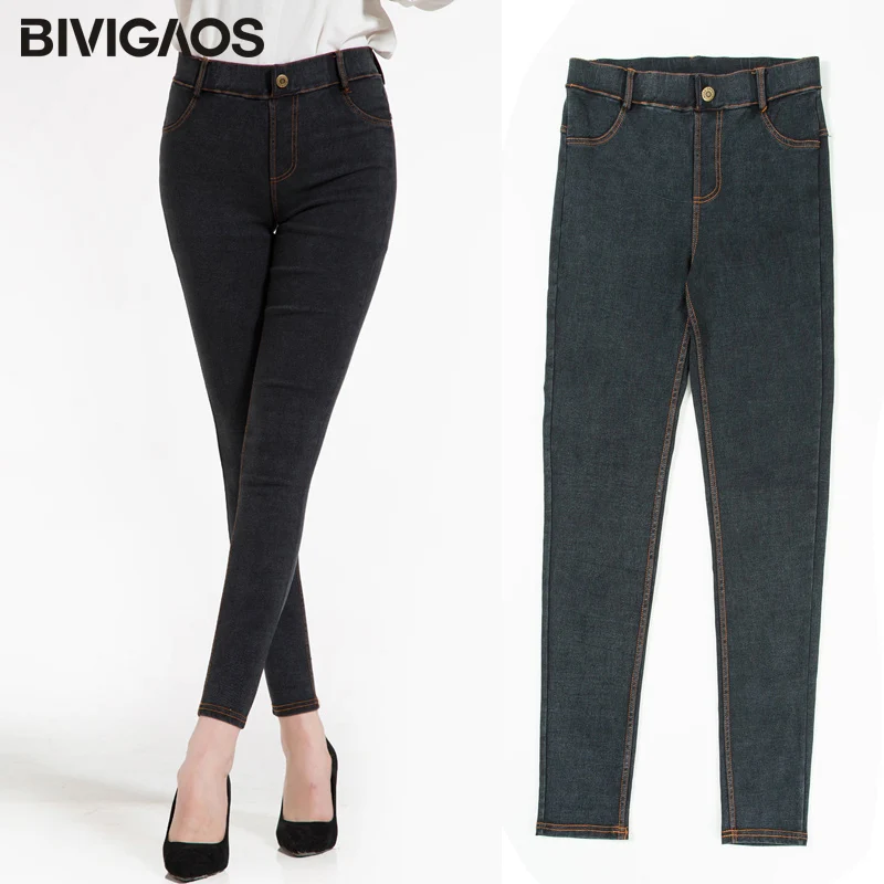 Button jeans Black BIVIGAOS весна новые Мода и досуг женские узкие джинсы на пуговицах плюс размер имитация джинсов леггинсы Винтажные эластичные Джеггинсы пуш-ап карандаш брюки - Цвет: Button jeans Black