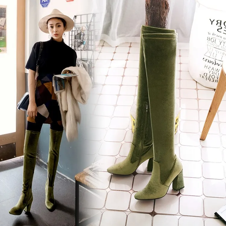 Real Velvet Boots Women Over Knee High Zipper Thigh Plush Fur Slim Leg Stovepipe Motorcycle Booties Winter | Обувь
