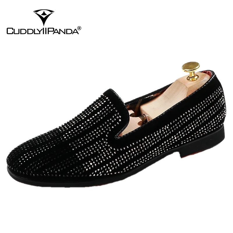 

CuddlyIIPanda Men Black Loafers Crystals Tassel Dress Shoes Wedding Party Flat Moccasins Smoking Slippers Casual Shoes Formal
