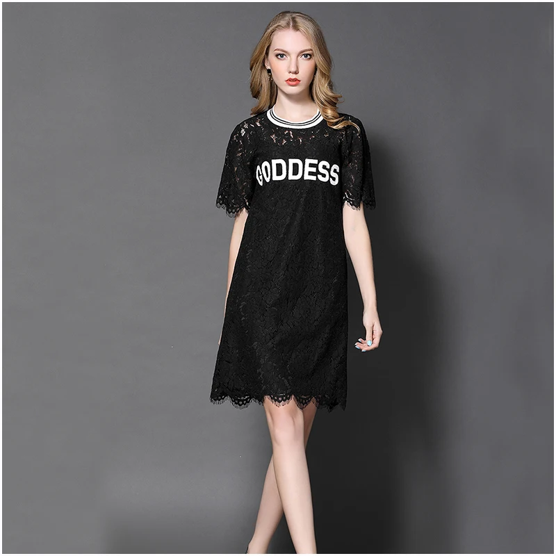 Марка Выдалбливают Черное Кружево Платье Богини Письмо Майка Midi Женская