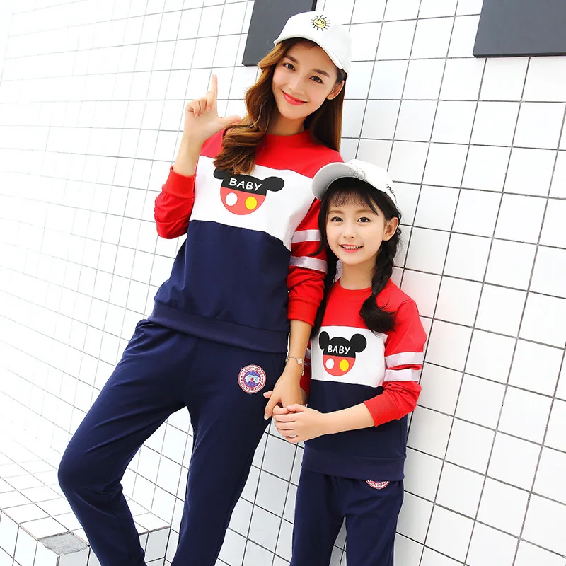Mother Daughter Fashion tracksuit women two piece set Children Wear Autumn New Mickey White Casual sports pants and clothes | Мать и
