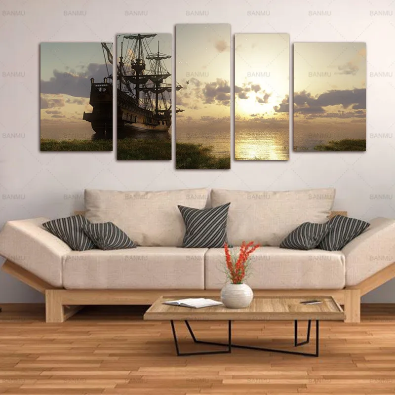 5 панелей настенное Искусство Живопись фантазия корабль парус лодка в озере