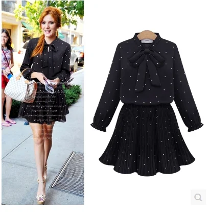 Women Dress 2021 Bow Above Knee Mini Dot Full A-Line Office Lady Chiffon Dresses Empire Ladies White 3418 50 | Женская одежда