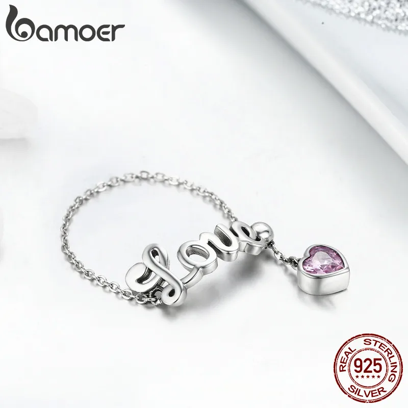 BAMOER, настоящее 925 пробы Серебряное кольцо с надписью Love, регулируемое кольцо на палец, Женское кольцо на палец для вечеринки, ювелирные изделия из стерлингового серебра SCR246