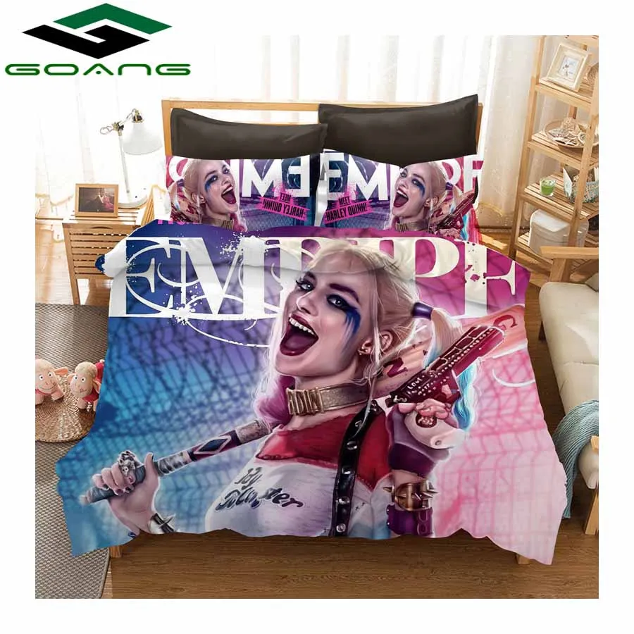 Набор постельного белья GOANG queen size с 3d цифровой печатью, простыня Harley Quinn, пододеяльник, подушка, 3 шт., постельное белье, украшение детской комнаты