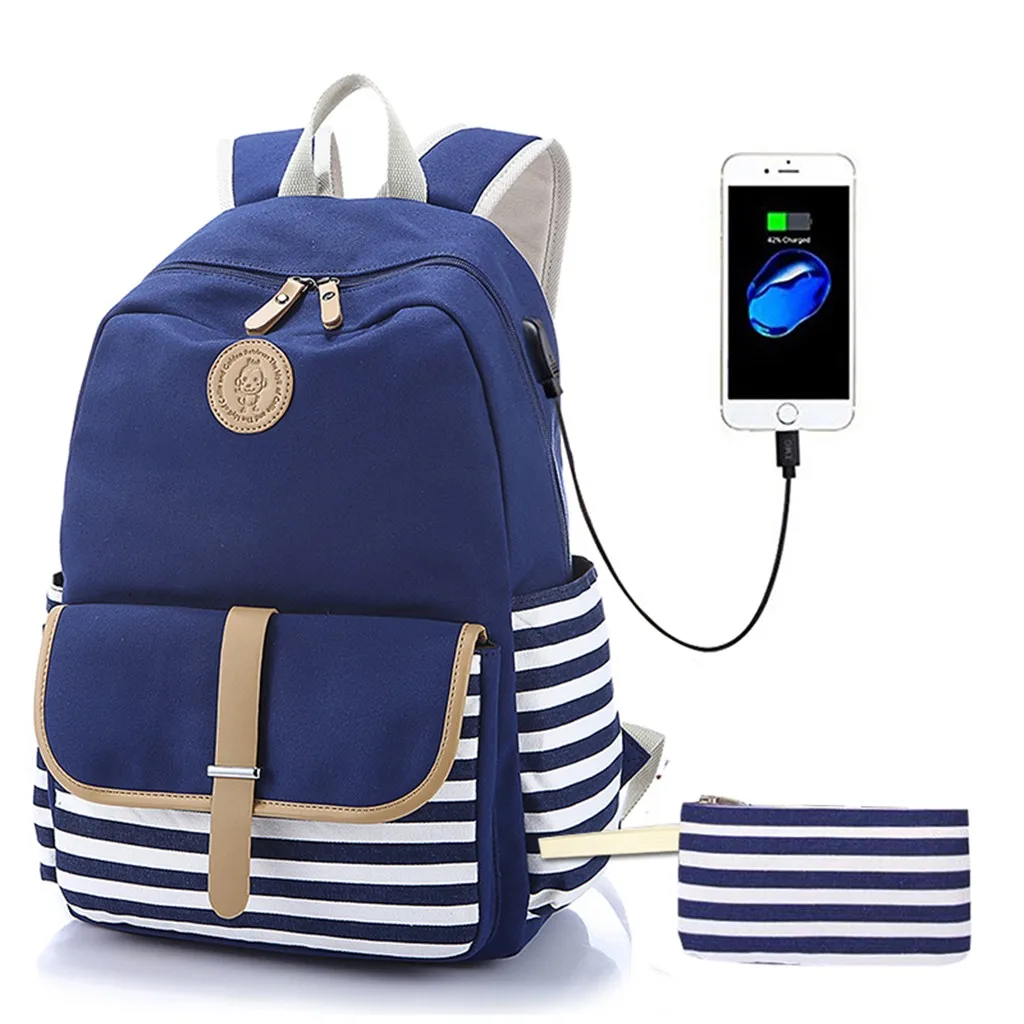 Aelicy 3 шт./компл. Usb зарядный рюкзак мужской темно синий полосатый студенческий для