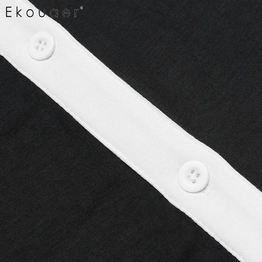 Ekouaer Повседневная ночь платье женщины v-образным вырезом с коротким рукавом Ночные сорочки и пуговицы спереди контрастного цвета сорочка ночная рубашка женская домашняя одежда
