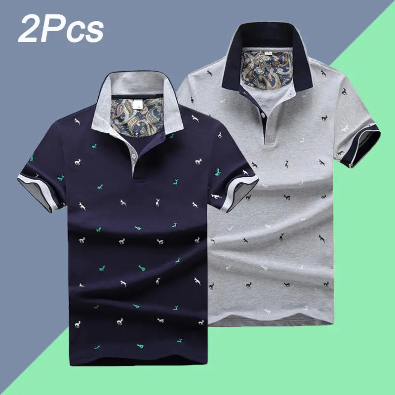 2PC-Grey-Navy-1613 3 шт./лот, мужская рубашка Поло, хлопок, в горошек, 4XL, с принтом оленя, летняя, короткая, тонкая, мужская, s, топ, футболки, модная, Muls, брендовая одежда - Цвет: 2PC-Grey-Navy-1613