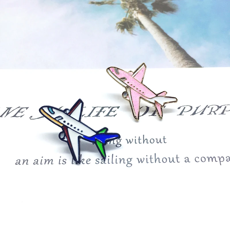 

New personality blue pink airplane metal badge pin globe flying universe cartoon airplane children like brooch gift