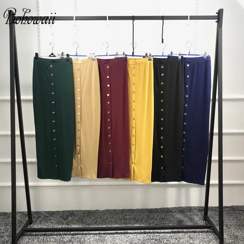 

BOHOWAII Fashion Women Muslim Skirts Long Knee Length Skirt Jupe Musulmane Sexy Stretch Buckle Jupe Longue Moulante