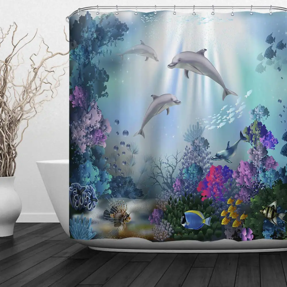 Kids Ocean Shower Curtain Clear Undersea World Sea Animal Dolphin Colorful Corals Reefs and Tropical Fishes Three Dolphins