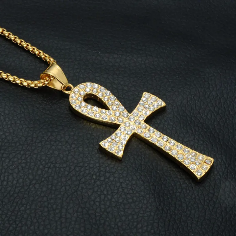 Мужское ожерелье с кристаллами Ankh позолоченное из нержавеющей стали Египетский