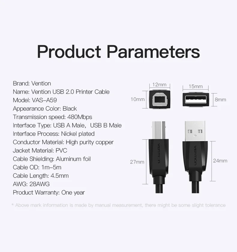 Vention USB 2,0 кабель для принтера type A Male to Male B Синхронизация данных 3 м 2 м 1 м USB кабель для печати для canon epson сканер hp принтер USB