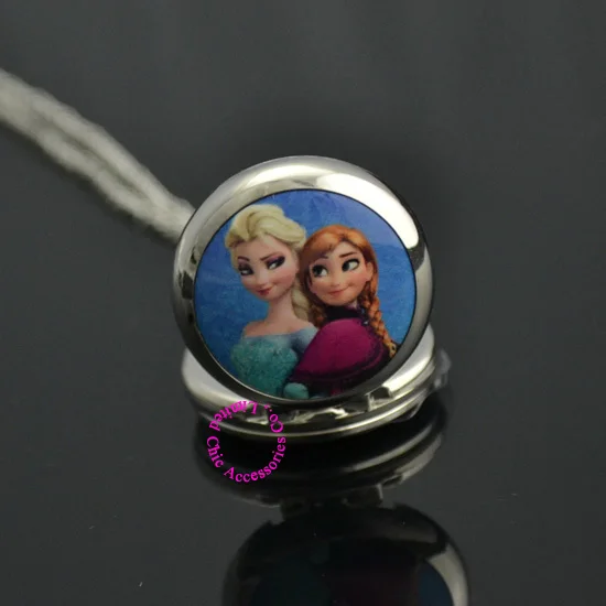 fashion cute Elsa Anna pocket watch necklace woman girl lady child hot gift silver blue 2 two cartoon sister nice | Наручные часы