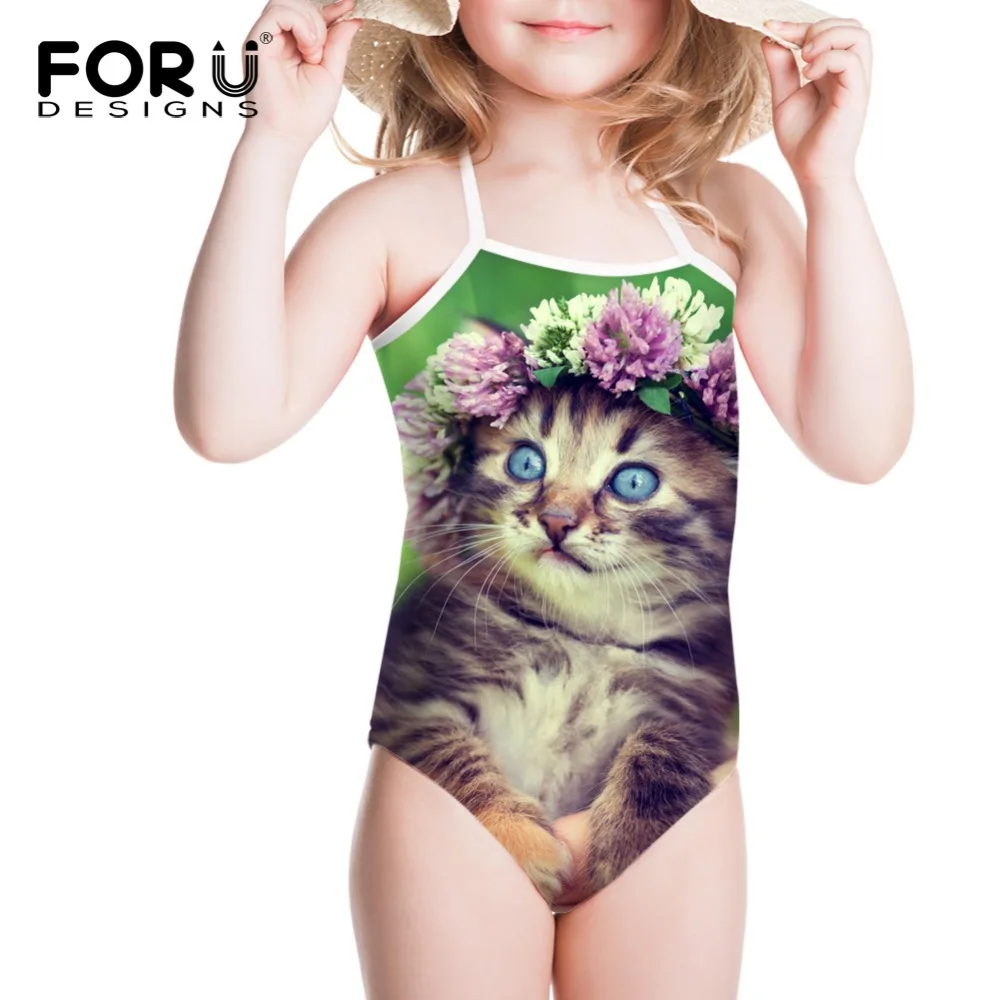 FORUDESIGNS купальник для детей Детские купальники для девочек с принтом кота, Одна деталь Детские купальники с бикини для летняя пляжная одежда