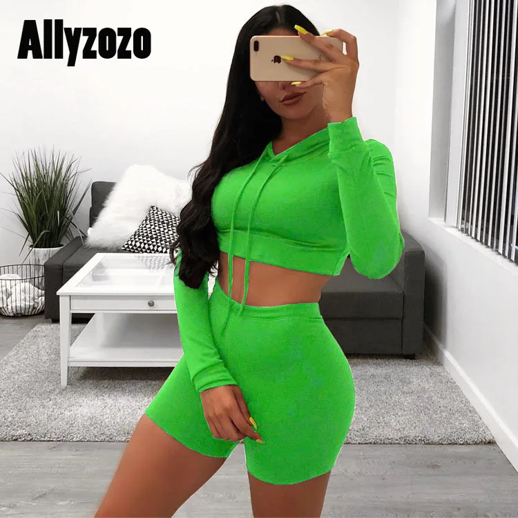 Allyzozo Women 2 Pieces Set Tops and Shorts Casual Sportting Tee Crop Neon Green Pantys Outfit Sets | Женская одежда