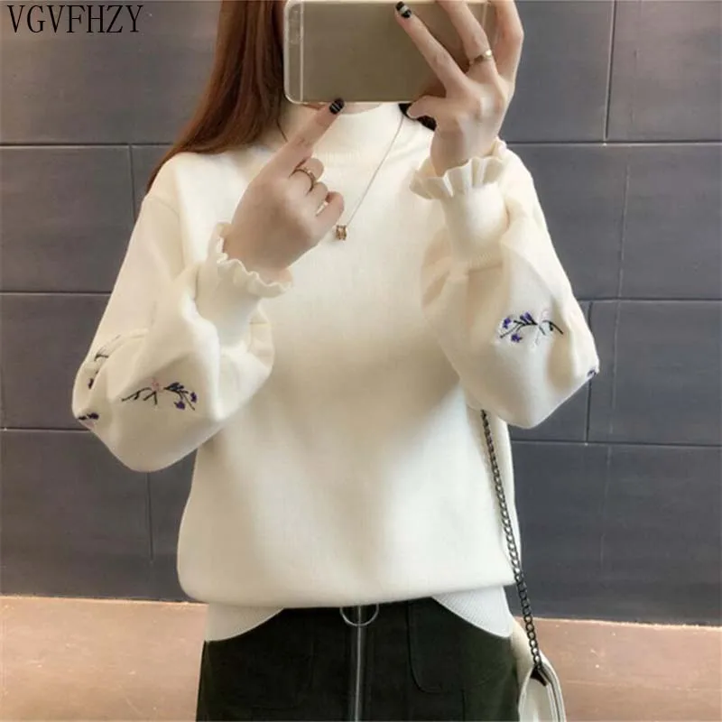 High quality women fashion 2018 Turtleneck sweater top woman long sleeve warm sweaters Embroidered Knitted pullover LY1322 | Женская