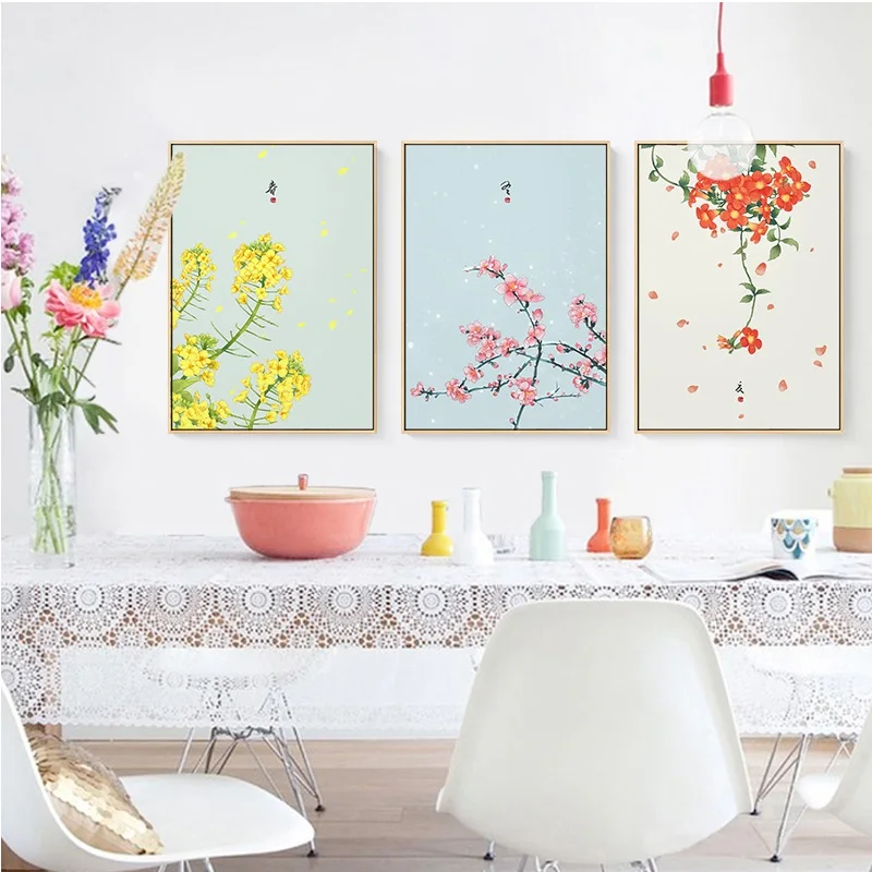 Chinese Four Seasons Beautiful Flowers Canvas Painting Modern Home Decoration Living Room Art Modular Wall Pictures No Frame | Дом и сад