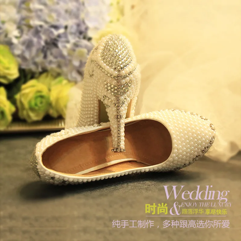 

New Round Head, Shallow Mouth Pearl Water Diamond Wedding Shoes, Female And Waterproof Table High Heel Shoes Manual Wholesale Sh