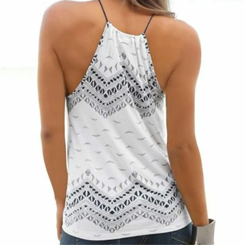 Women Tank Tops Printed Condole Belt V Collar Shirt Beach Casual Jacket White Blue Halter Tops Tassel Camis in summer