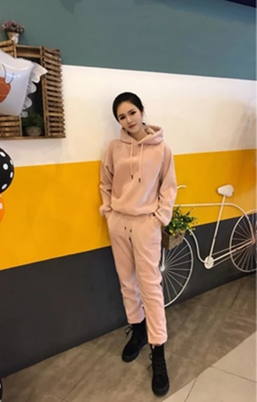 2019 Fashion Winter Women Sporting Hooded Sweatshirt+Pants Velvet Sweat Suit Letter Embroidery Two Piece Set For Tracksuit | Женская