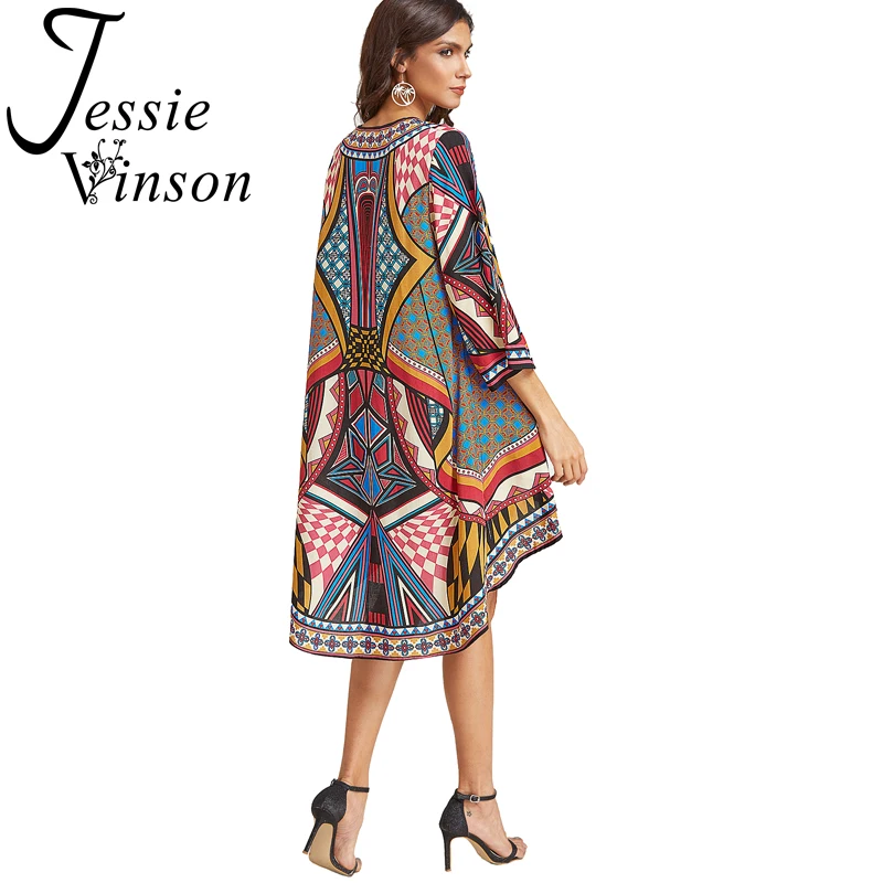 

Jessie Vinson Fashion Women Vintage Print Long Kimono Cover up Summer Beach Swimsuit Cover Casual Blouse Top Outwear