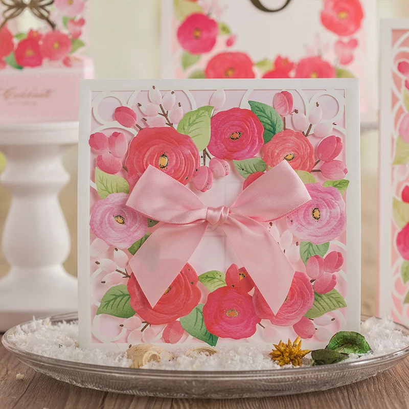 Лазерная резка красный цветок Цвет Свадебное приглашение с розовой лентой|wedding