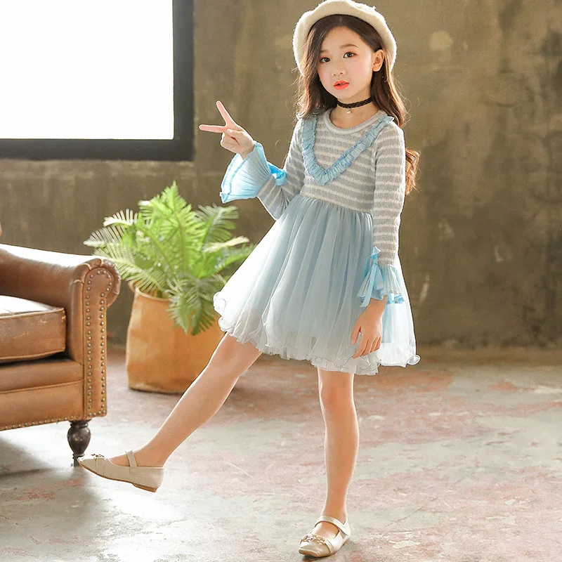 Девушки милые трикотажные хлопок Платья-свитеры 2019 Весна-осень детей Костюмы