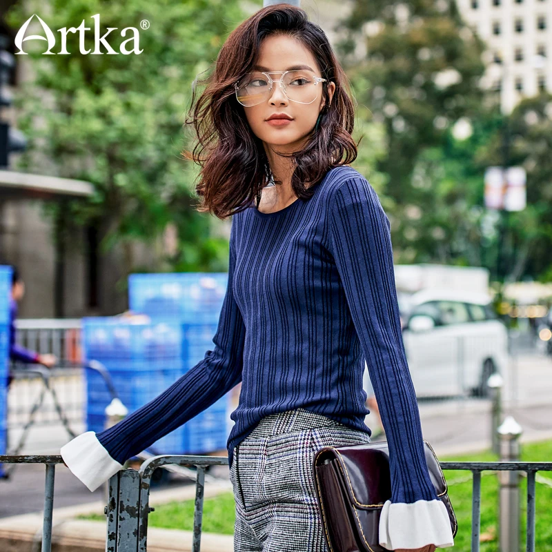 ARTKA 2018 New City Series Autumn&amp Winter Strap Pattern Flare Sleeves Thin Pullover Knitwear JS17020 | Женская одежда