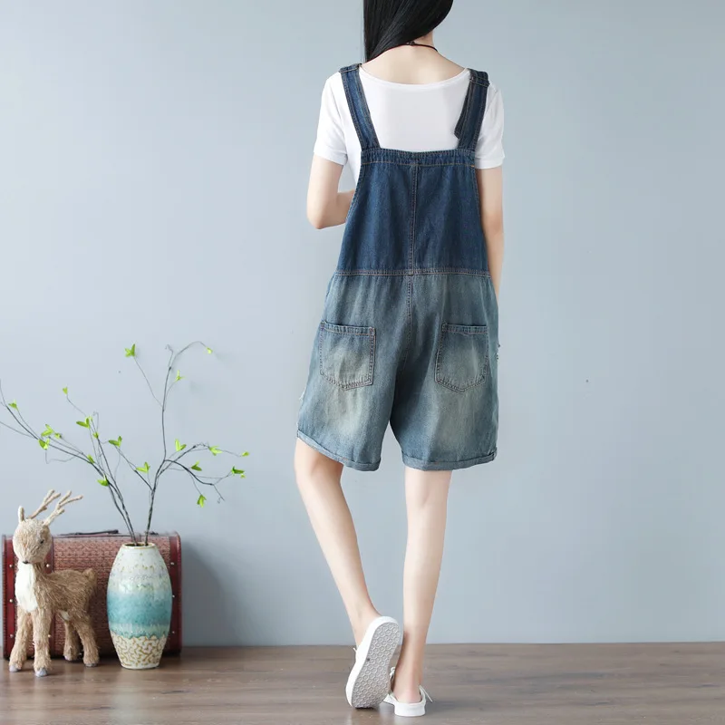 Vintage Loose Women Playsuits 2021 Summer Ripped Fashion Casual Denim Overalls Shorts Plus Size Wide Leg Female Suspender Jeans