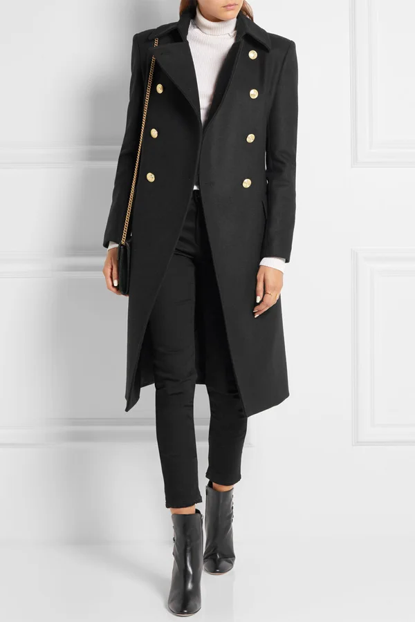 Женское шерстяное пальто простое однобортное длинное с отложным воротником и