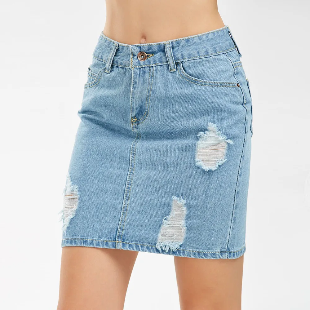 Женская короткая джинсовая юбка Повседневная однотонная мини-юбка с дырками и