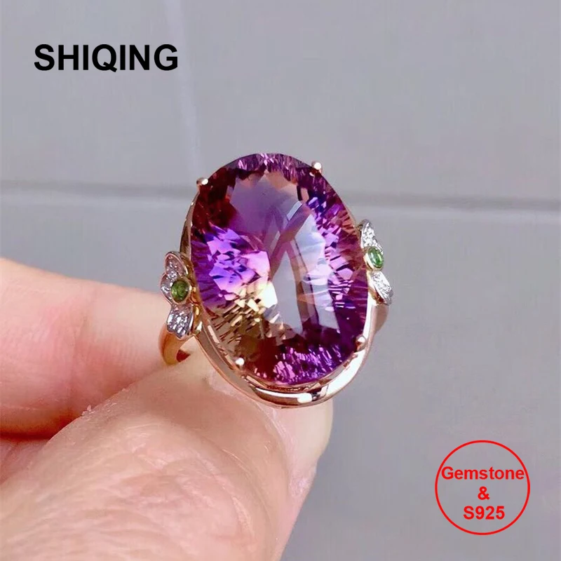 

SHIQING AAA 12ct Gemstone Ametrine vintage oval ring for women