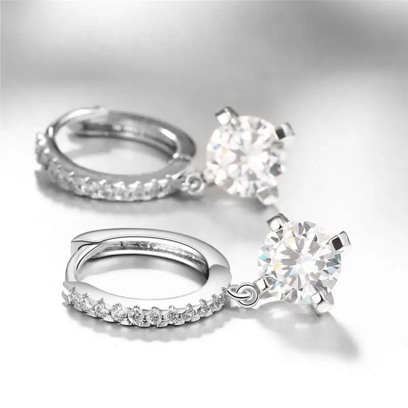 HZYMEZ New Round Circle Zircon Earrings Silver Color Plated Alloy Stud For Women Wedding Jewelery Fashion Jewelry Gifts | Украшения и
