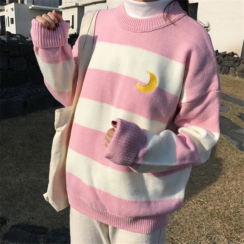 Женский свободный свитер Kawaii Ulzzang колледжа ярких цветов в полоску с Луной наборы