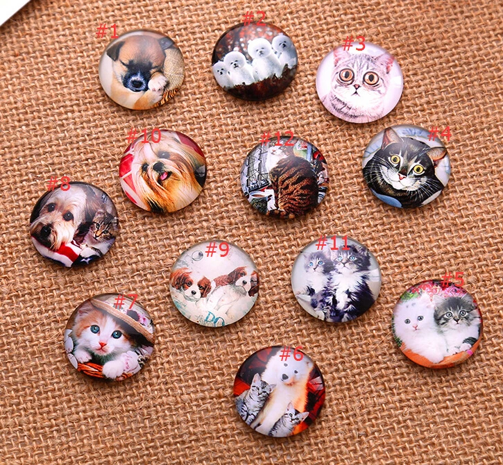 24pcs 12mm 14mm 16mm Lovely Cat Dog pattern Round  Handmade Photo Glass Cabochons & DIY Handmade Cabochon beads Glass Dome Cover