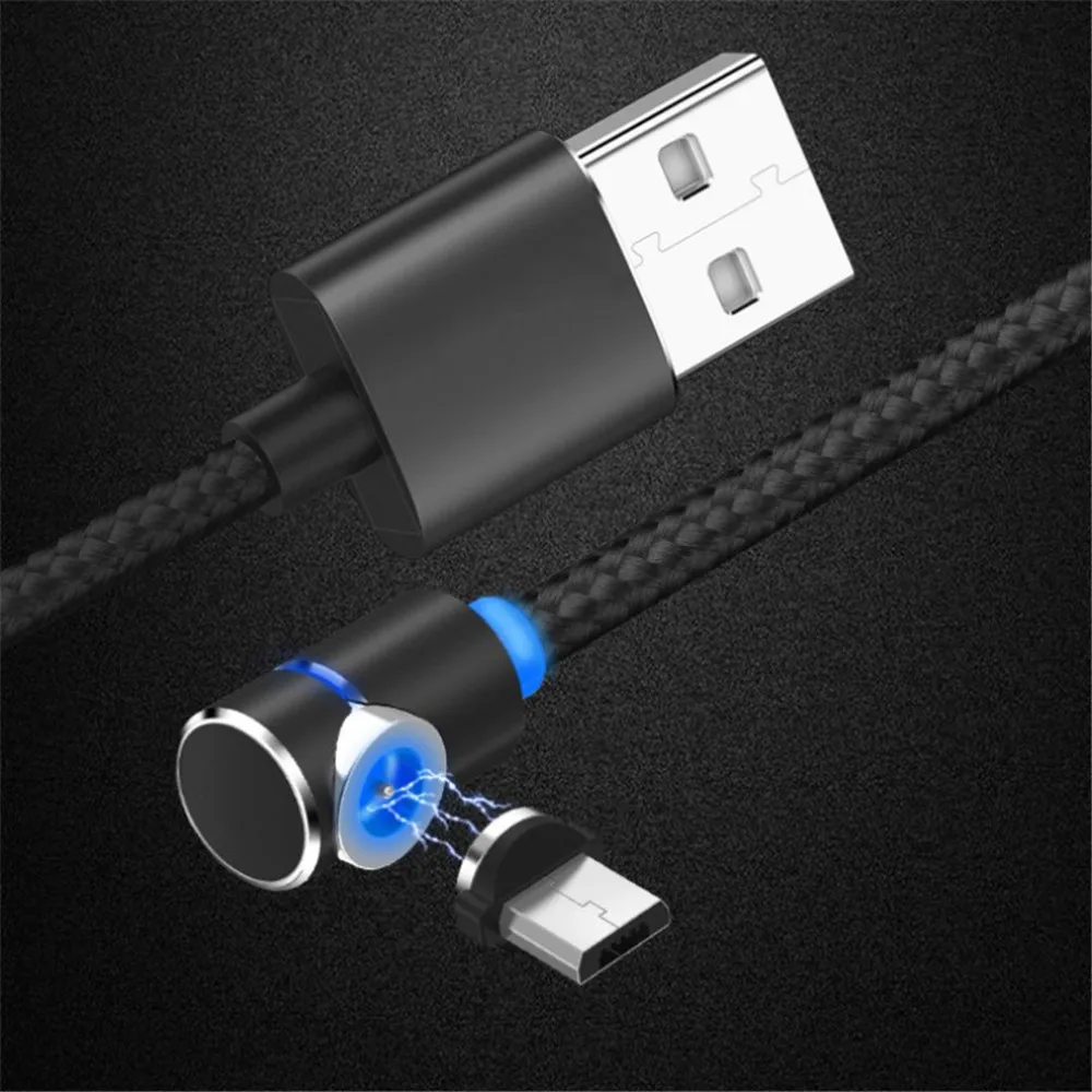 Магнитный USB кабель для зарядки 90 градусов игровой светодиодный свет IOS & Micro Type C