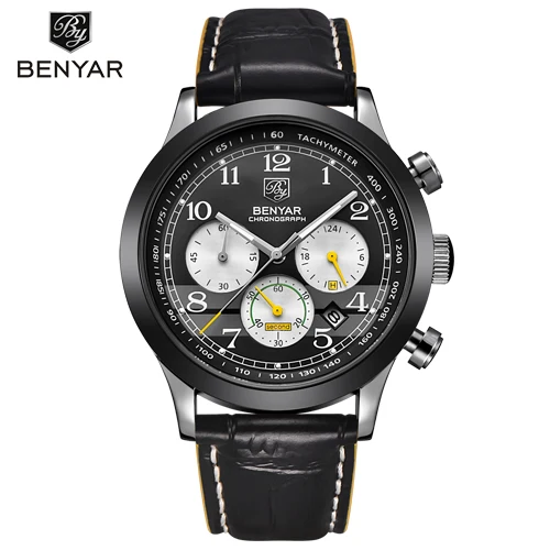 Relogio Masculino BENYAR модные спортивные мужские часы с хронографом лучший бренд класса люкс кварцевые военные часы мужские erkek kol saati - Цвет: black yellow