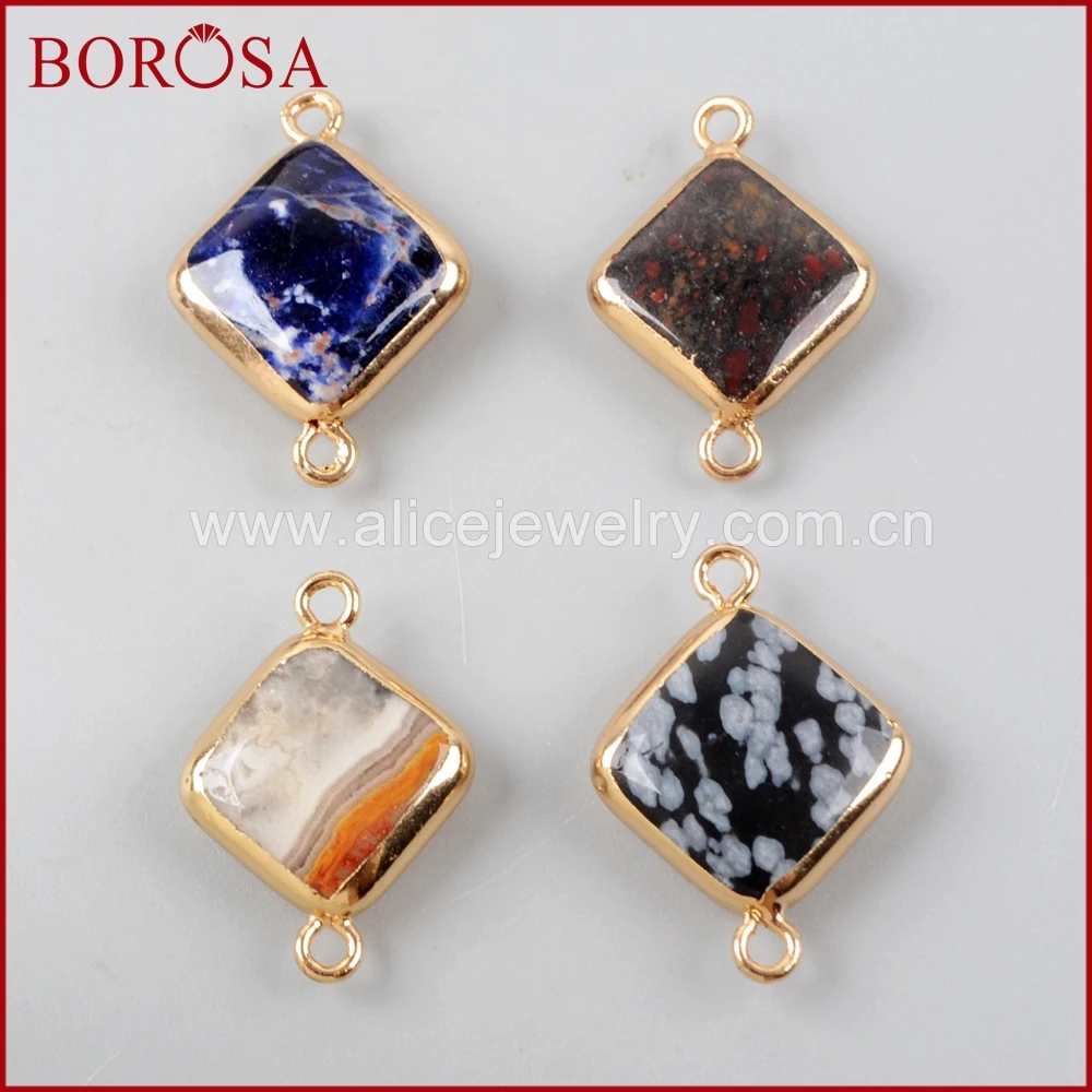 BOROSA 20 шт. Золото Цвет Multi-kind камни Ромбический медь разъем Бусины Двойной