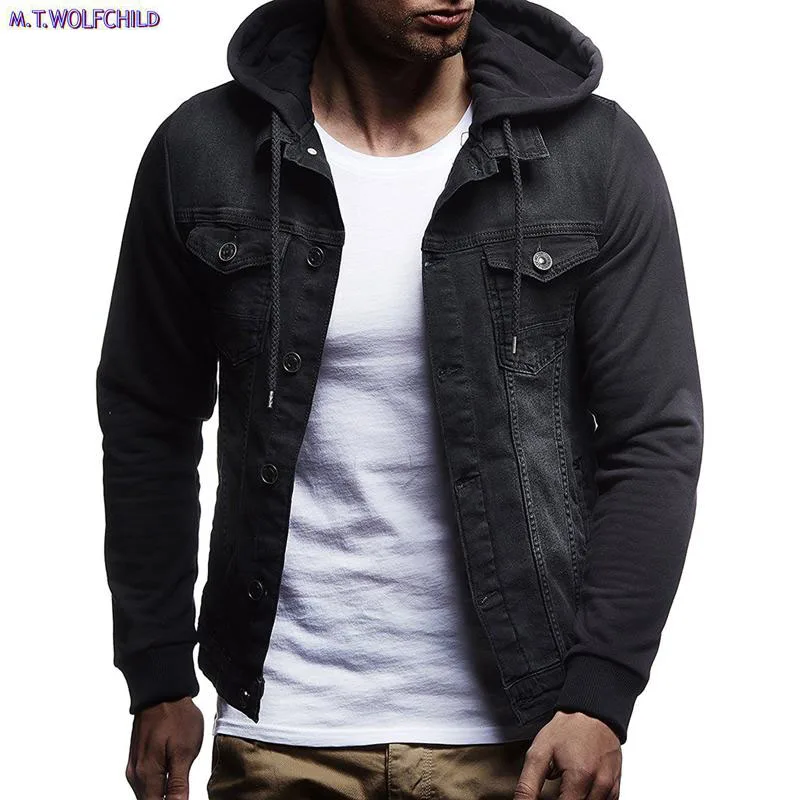 

2018 мужские Брендовые джинсовые куртки с капюшоном, повседневная потертая мужская верхняя одежда, модная мужская одежда, джинсовые пальто